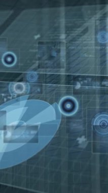 Animation of data processing and multiple round scanners against computer server room. Computer interface and business data storage technology concept