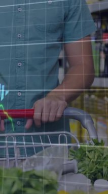 Animation of financial data processing over shopping cart. Global finances, connections, data processing and digital interface concept digitally generated video.