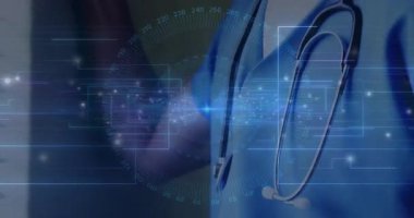 Doctor responding to pulsing holographic interface, raising smartphone while analyzing vital data. Medical, technology, futuristic, professional, innovation, analytics, clinical