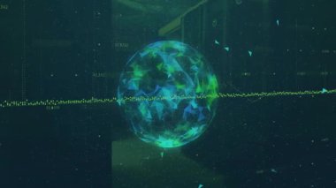 On fading in, 3D sphere rotating with pulsing shards, waveform fluctuating showing data processing. Futuristic, technology, digital, abstract, data, innovation, interface