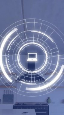 Modern mutfak arka planında ikonlar ve veri animasyonlarıyla dijital arayüz. Teknoloji, akıllı ev, yenilik, fütürist