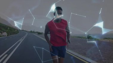 Runner sprinting wearing tracker igniting swirling network rotating 3D globe showing tech links. Technological, innovation, futurism, connectivity, digital, sporty, modern