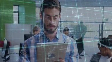 Instructor tapping tablet and scanning student work as holographic data overlays boosting training. Education, technology, e-learning, modern, classroom, digital, mentorship