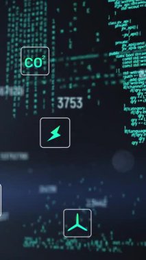 Siyah arkaplanda bilgisayar dili üzerinde değişen sayılara sahip birden fazla simgenin canlandırılması. Dijital olarak üretilmiş, hologram, illüstrasyon, büyüme, ilerleme, kodlama ve teknoloji kavramı.