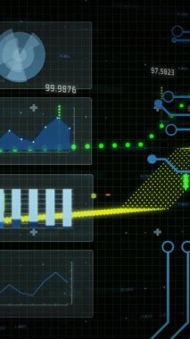 Dijital veri tabloları ve grafikleri, arka plandaki devre kartı animasyonunun üzerinde. Teknoloji, yenilik, siber alan, analitik, fütüristik, veri görselleştirmesi