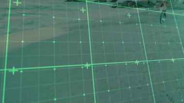 Tech grid overlay sweeping across beach starting scan, woman pedaling turquoise bike leisurely. Digital, outdoor, minimalist, leisure, travel, modern, scenic