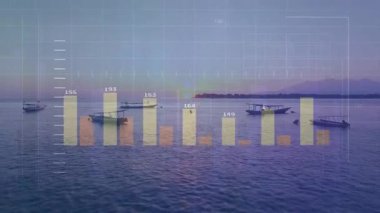 At start dawn view showing wooden boats floating while data charts emerging and visualizing trends. Coastal, serenity, visualization, analytics, data, maritime, dawn