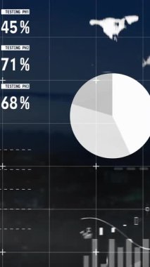 Dünya haritası ve manzarasının animasyonu üzerine finansal veri grafikleri ve grafikleri kaplanıyor. Finans, analitik, küresel, istatistik, ekonomi, görselleştirme