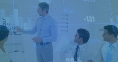 Male presenter pointing at flip chart and activating biz data overlays guiding team writing notes. Business, collaboration, presentation, analytics, strategy, professional, office