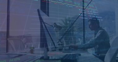 Data analyst typing, fading grid spawning line graph and tickers scrolling for financial analysis. Technology, finance, analytics, data visualization, modern, professional, corporate