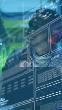 Animation of graphs, loading bars, circles, african american man checking server using laptop. Digital composite, multiple exposure, binary codes, report, business, data center, networking concept.