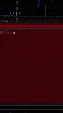 Kırmızı ve siyah arkaplan ile arayüzde veri işleme animasyonu. Bağlantı, veri, işleme, dijital arayüz ve küresel iletişim, dijital olarak oluşturulmuş video.