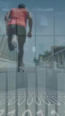 Birden fazla grafik animasyonu, köprüde koşan Afrikalı Amerikalı bir adam üzerinde ses dalgaları. Dijital bileşik, çoklu pozlama, rapor, iş, büyüme ve uygunluk kavramı.