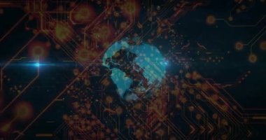 Bursting orange sparks, circuit traces converging revealing rotating 3D globe visualizing data flow. Technology, innovation, connectivity, digital, network, data, cyberspace