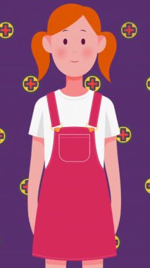 Animation of schoolgirl icon over shapes on purple background. Back to school, education and digital interface concept digitally generated video.