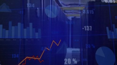 opening server aisle initiating orange trend line rising and dipping while visualizing performance. Technology, data, analytics, digital, finance, statistics, visualization
