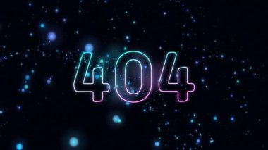 Dark frame showing dim cyan violet dots causing neon 404 outline glowing with drifting particles. Futuristic, digital, vibrant, cosmic, abstract, immersive, neon