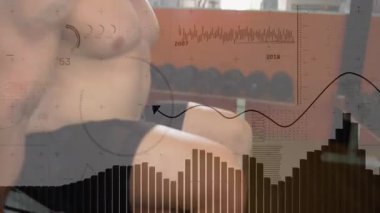 Man picking dumbbell and performing bench press with waveforms and bar charts tracking fitness. Strength, fitness, gym, workout, athleticism, performance, training