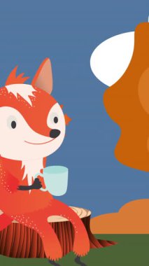 Ağaç gövdesinde sonbahar yaprakları ve sonbahar manzaralı tilki animasyonu. sonbahar, sonbahar, sezon, doğa, desen ve renk konsepti dijital olarak oluşturulmuş video.