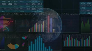 Numeric table scrolling initiating globe rotating while charts updating insights for dashboard. Data, visualization, analytics, digital, technology, 3d, simulation