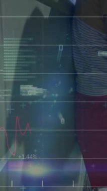 Animation of financial data processing over couple using smartphone. Global business, finances, computing and data processing concept digitally generated video.