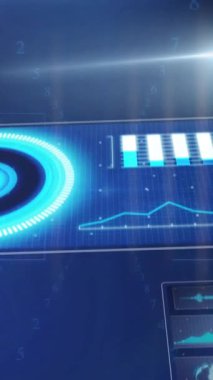 Veri grafikleri ve ses dalgaları analiz ediliyor, mavi arkaplandaki dijital arayüz. Teknoloji, yenilik, analitik, fütüristik, analiz, sinyal