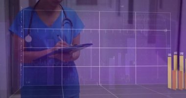 3D ızgara görünürken hemşire kaydı ve yaşam sinyallerini izleyen bar çizelgeleri. Sağlık, tıbbi, tanı, teknoloji, profesyonellik, veri analizi, geleceksel