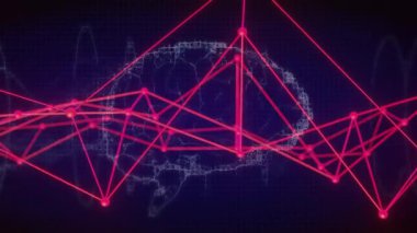 Sinir sinyallerini görselleştiren kablo çerçevesinde salınan mor düğümleri canlandıran ince titreşimler. Dijital, yenilik, teknoloji, bağlantı, fütüristik, nöral, soyut