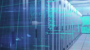 Soluk turkuaz ızgaranın maddeleşmesi kod parçalarını tetikliyor. Tanısal taramayı gösteren raflar kayıyor. Teknoloji, siber güvenlik, veri, dijital, yenilik, ağ, altyapı