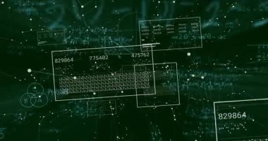 Koyu yeşil düzlem dolgu düğümleri, kablo şebekesi panelleri dinamik verileri gösteren döngü değerleri açılıyor. Fütürist, dijital, teknolojik, veri görselleştirme, soyut, yenilik, biyoteknoloji