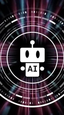 Yapay zeka robot simgesi ve dijital arayüz gelecekteki mavi ışık desenleri üzerinde. Teknoloji, yapay zeka, yenilik, siber, veri, bilim kurgu