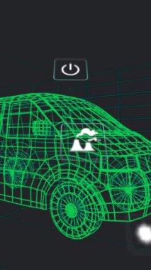 Okul ortamında dijital simgelerle çevrili yeşil kablo minibüs animasyonu. Gelecek, ulaşım, teknoloji, yenilik