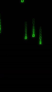 Karanlık arka planda yağmur gibi yağan yeşil ikili kod animasyonu veri akışını andırıyor. Dijital, kodlama, matris, teknoloji, siber uzay, ağ