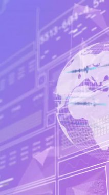 Dünya üzerinde veri işleme ve mor arkaplandaki bağlantı ağının animasyonu. Küresel teknoloji, bilgisayar ve dijital arayüz kavramı dijital olarak oluşturulmuş video.