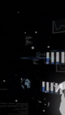 Finansal veri işleme animasyonu siyah arka planda dünya çapında. Küresel teknoloji, iletişim, bilgisayar ve dijital arayüz kavramı dijital olarak oluşturulmuş video.