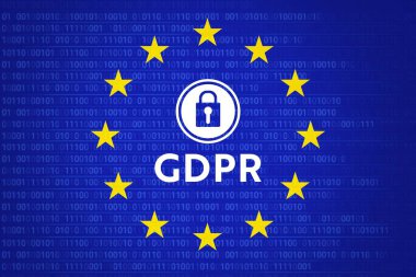 GDPR veri koruması düz dizayn grafiğinde asma kilit simgesi, yıldız, ikili kod ile gösteriliyor. Siber güvenlik, uyum, dijital mahremiyet, teknoloji, güvenlik, şifreleme, sanal arayüz