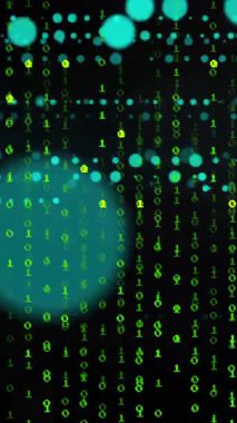Matrix 'e benzeyen siyah arkaplana yağmur gibi yağan yeşil dijital kod animasyonu. Veri, ikili, programlama, teknoloji, gelecekçi, siber
