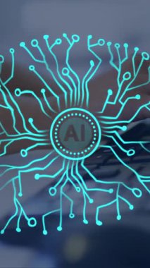 Beynin ve ai veri işleme animasyonunun bilgisayar kullanan beyaz bir kadın üzerinde işlenmesi. Dijital olarak oluşturulmuş küresel yapay zeka, veri işleme, bilgisayar ve dijital arayüz kavramı.