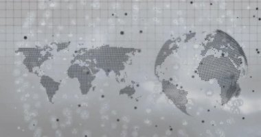 Ekran başlangıç ızgarası noktalı harita ile açılır, simgeler sola dönerken sürüklenir ve titreşir. Dijital, teknoloji, fütüristik, veri, animasyon, ağ, bağlantı