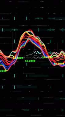 Siyah zemin üzerinde veri animasyonu ve renkli grafik işleme. Bağlantı, veri, işleme, dijital arayüz ve iletişim, dijital olarak oluşturulmuş video.