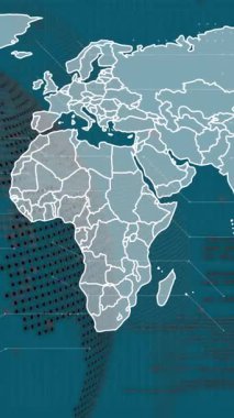 Çeşitli verilerin animasyonu, yeşil arka planda dünya haritası. Dijital olarak oluşturulmuş küresel ağ, iletişim, veri işleme ve teknoloji konsepti.