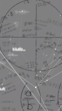 Animation of network of connections and mathematical equations floating against grey background. Global networking and business technology concept