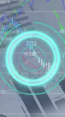 Animation of blue circular scanner over layers of processing data on grey background. Global communication, business, data and digital interface concept digitally generated video.
