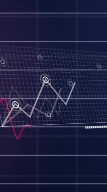 Mavi arkaplan ile ızgara ağı üzerinden istatistiksel pazar veri işleme animasyonu. Bilgisayar arayüzü ve iş veri teknolojisi kavramı