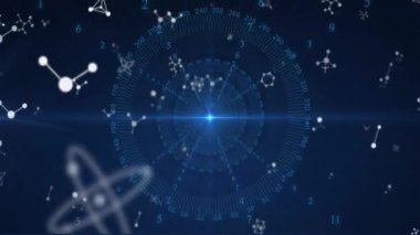 Parlak nokta görünüyor, ızgara solmuş simgeler alevlerle birlikte yörüngede dönüyor ve döngü animasyonu için süpürülüyor. Fütürist, teknoloji, animasyon, bilimsel, arayüz, dijital, moleküler