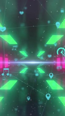 Dijital simgelerden oluşan dönen kürelerin, neon tünellere karşı kusursuz bir şekilde canlandırılması. Küresel ağ ve iş teknolojisi kavramı