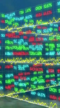 Ticaret panosu ve grafiklerin uçak pistine inişi animasyonu. Dijital bileşik, çoklu pozlama, borsa, yatırım, rapor, finans, ulaşım ve teknoloji kavramı.