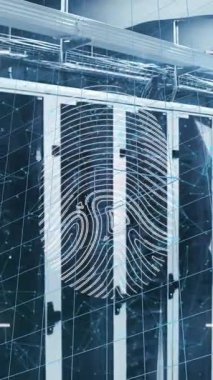 Bilgisayar sunucu odasına karşı biyometrik parmak izi tarayıcısı ve matematiksel denklemlerin animasyonu. Siber güvenlik ve iş veri depolama teknolojisi kavramı