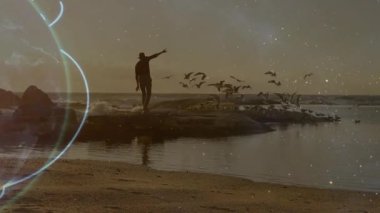 Martıları besleyen adam, yarı saydam teknoloji küresi gibi parlayan çizgileri olan sürüyü çekiyor. Bağlantı, küresel, doğa, yenilik, keşif, dinginlik, teknoloji