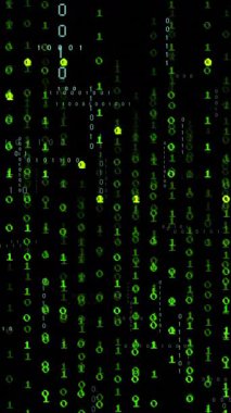 Yeşil ışıkların animasyonu ve siyah arkaplanda ikili veri işleme. Bağlantı, veri, işleme, dijital arayüz ve iletişim, dijital olarak oluşturulmuş video.